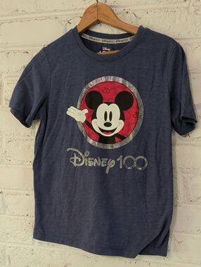 Disney Navy Blue Mickey Mouse Disney100 Graphic Tee with Silver Accents